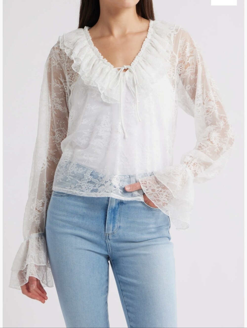 Steve Madden White Lace Sheer Ruffle V-Neck Blouse